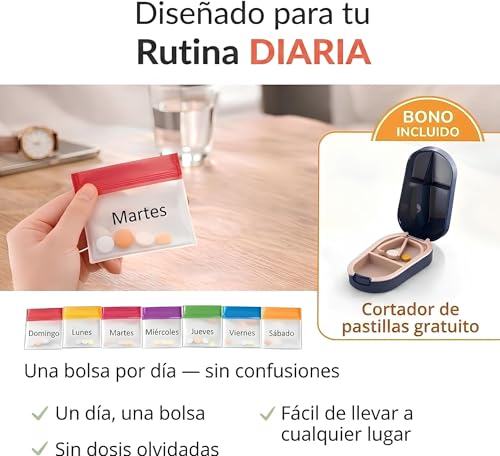Pill Pouch Bags, Reusable 7-Day Durable Multi-Purpose Travel-Sized Container, Mini Pills Baggies, Clear Lockable Bags, Colored Days of the Week, Medicine Organizer Storage Pouches |Pill Cutter