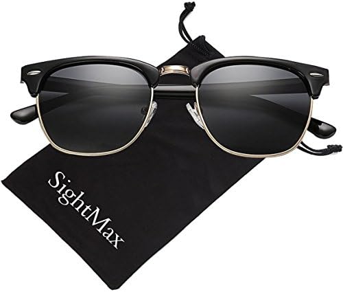 SightMax Polarized Retro Classic Half Frame Semi-Rimless Border Sunglasses (Dumb Black Frame/Black Lens, 50MM)