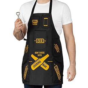 Froster Man Koken Schort, BBQ Schort met Zakken, inclusief 4 bierzakken, Keukenschort voor Mannen, Zwart, One Size