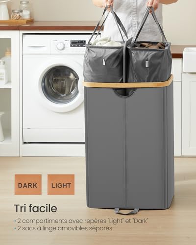 Panier à Linge à 2 Compartiments, 150 Litres, Trieur de Linge Sale avec Couvercle, Sacs Amovibles, pour Buanderie, Chambre, Salon, Gris Ardoise et Beige Naturel LCB523G01
