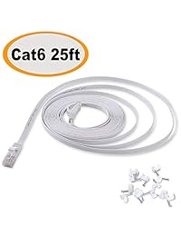 Cable Ethernet Cat 6 de 25 pies color blanco plano   Cable de conexión de red de Internet sólido Lan   Cable de ordenador de alta velocidad Cat6 con clips y conectores Rj45 para router, módem, PS, Xbox, más rápido que Cat5e Cat5   25 pies