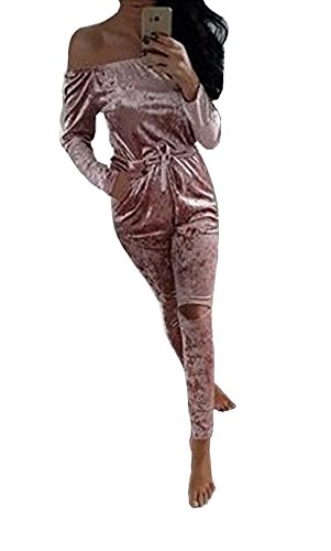 Longwu Women's Velvet off-Shoulder Drawstring Jumpsuits Rompers Knee Hole Pants Pink-S
