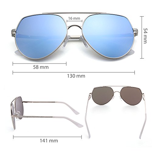LotFancy Aviator Sunglasses for Women with Case, UV400 Protection, 58MM, Lightweight Eyewear for Driving Fishing Sports, Non Polarized, Revo Blue Mirrored Lens, Silver Metal Frame