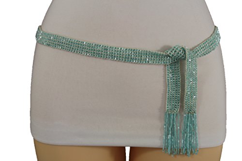 TFJ Women Fashion Belt Hip High Waist Skinny Fabric Beads Sash Scarf S M L Baby Blue