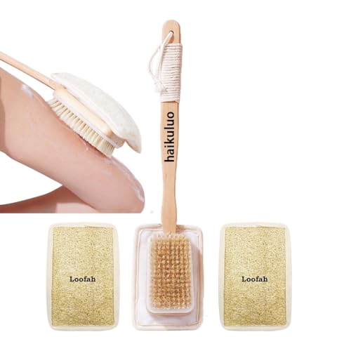 haikuluo Shower Body Brush with Bristles and Loofah,Back Scrubber for Shower for Bath or Dry Brush,Back exfoliating Body Scrubber Shower Scrub Brush Long Handle for Women and Men