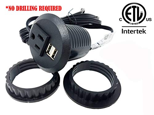 Desktop Power Grommet Outlet Data Center, 2" or 3" Hole No Drilling Required, 2 Outlet W/2 USB Ports(FREE RETURN) (BLACK - 2" (No Drilling Required- 6ft Power Cord))