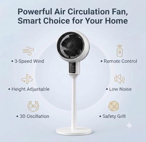 Pedestal Air Circulator Fan with Remote Control, Smart 3D Oscillation Cooling Fan for Bedroom Home Office, 3 Speeds, 7.5H Timer, 46 to 92cm 3-Way Adjustable Height Table Standing Fan, White
