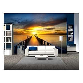 Bridge into The Sea at Sunset - Removable Wall Mural | Self-Adhesive Large Wallpaper - 66x96 inches