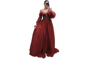 Fokissy Long Sleeve Tulle Prom Dresses Ball Gown Womens A Line Lace Applique Puffy Formal Evening Gowns