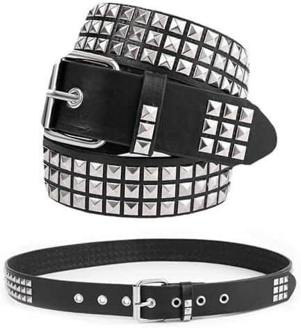 LumiSyne Studded Belt Women Men Black Leather Belt With Silver