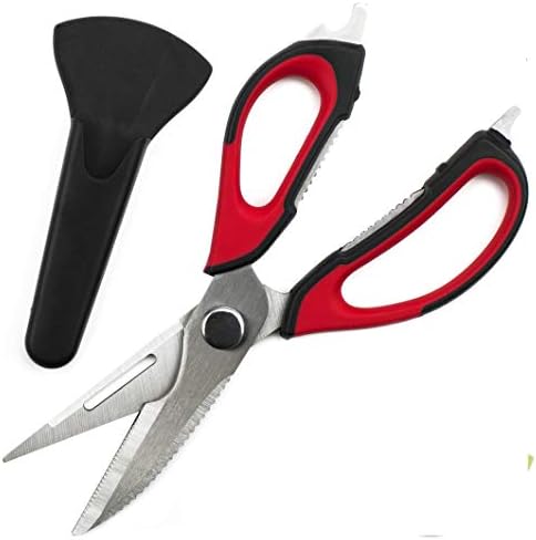 Professional Kitchen Scissors/Kitchen Shears - Black & Red Ultra Sharp Poultry Shears - Heavy Duty Utility Scissors - Best Chicken Scissors - Stainless Steel Utility Shears with Magnet Blade Cover
