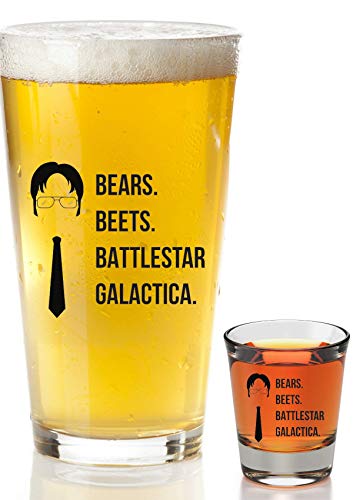 Bears Beets Battlestar Galactica Beer Glass With Complimentary Shot Glass | The Office Merchandise Mug | Dwight Schrute Funny Quote Dunder Mifflin Craft Beer Glasses