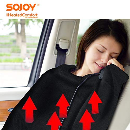 Sojoy 12V Heated Electric Car Blanket, 45 Minute Heating Timing Function, Easy Controller, Fleece Travel Throw for Car and RV-Great for Cold Black SJ734R073