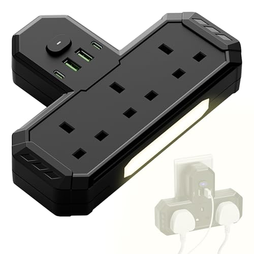 AMROAH Multi Socket 7 in 1 with Night Light, Universal Multi Plug Socket with 3 AC Outlets UK/UAE, Wall Mount Multi Plug with USB Ports, 2 USB A 2 USB C for Home Office Travel