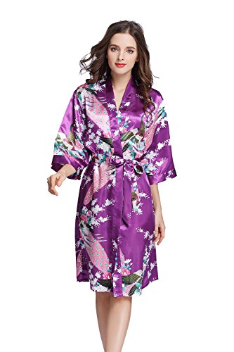 Amzchoice Women's Short Sleeve Kimono Robe Peacock & Blossoms for Spa, Wedding Bridal and Bridesmaid (M, Purple)