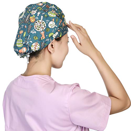 Unisex Bouffant Scrub Hat Cotton Cap Surgical Medical Nurse Doctor Adjustable Men Women Ponytail Cute Animal Pattern