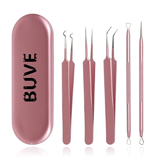 BUVE Blackhead Remover Needles Tweezers Acne Stick Pimple Spots Blemish Comedone Extractor Removal Tool Kit Stainless Steel Facial Cleaning Skin Care with Metal Case
