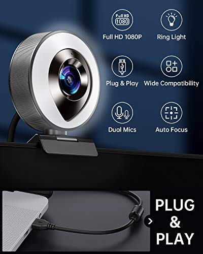 2021 CASECUBE FHD 1080P Webcam with Microphone and Ring Light, 3-Level Adjustable Brightness, Plug and Play Computer… - Image 3
