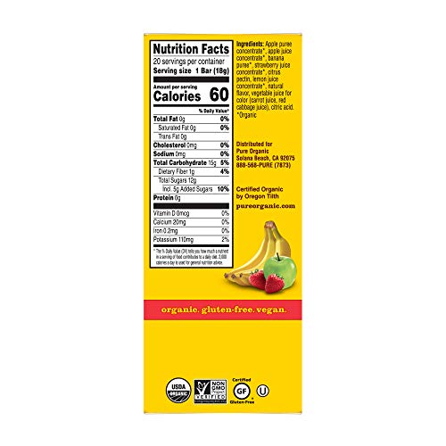 Pure Organic, Layered Fruit Bars, Strawberry Banana, Gluten Free and Vegan Fruit Snacks, 12.6oz Box (20 Count)