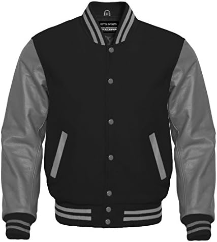 Letterman Baseball Varsity Jacket Black Wool &amp; Gray Genuine Leather Sleeves (2XL)