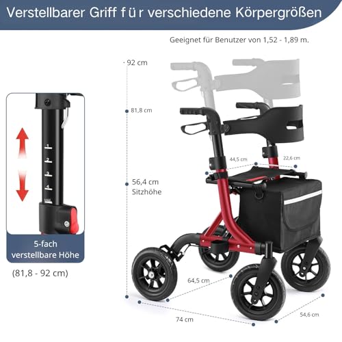 MAXWALK Rollator Foldable and Lightweight with Seat, 25 cm Rubber Non-Pneumatic Tyres for All Terrain, Integrated Pull Brake, Drink Holder, Height-Adjustable Aluminium Rollators