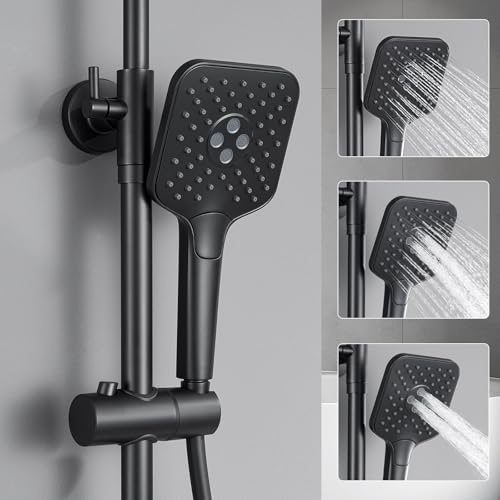 Auralum Thermostatic Shower Column with Glass Shelf, Thermostatic Mixer Tap and Shower Canopy Wide 12", 3 Water-Saving Jets - Complete Kit