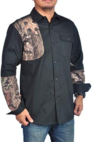 Mens Long Sleeve Black Button Down Shooter Shirt Camo Patch Hunting