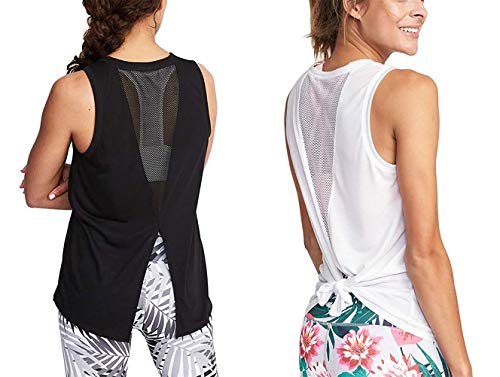 ADOLPH Women's Sexy Open Back Cute Mesh Yoga Workout Sports Shirts Activewear Tank Tops(Black and White,S)