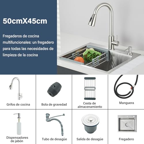 TVTIUO Kitchen Sink, Multifunctional Kitchen Sink with Pull Out Tap and Soap Dispenser, Brushed Finish (50 x 45 cm)