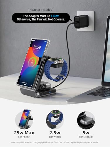 Wireless Charger for Samsung Magnetic Charger with Active Cooling, 3 in 1 Foldable Charging Station for Samsung Galaxy S26 Ultra, Galaxy Watch 8 and Buds 4, for Android Devices