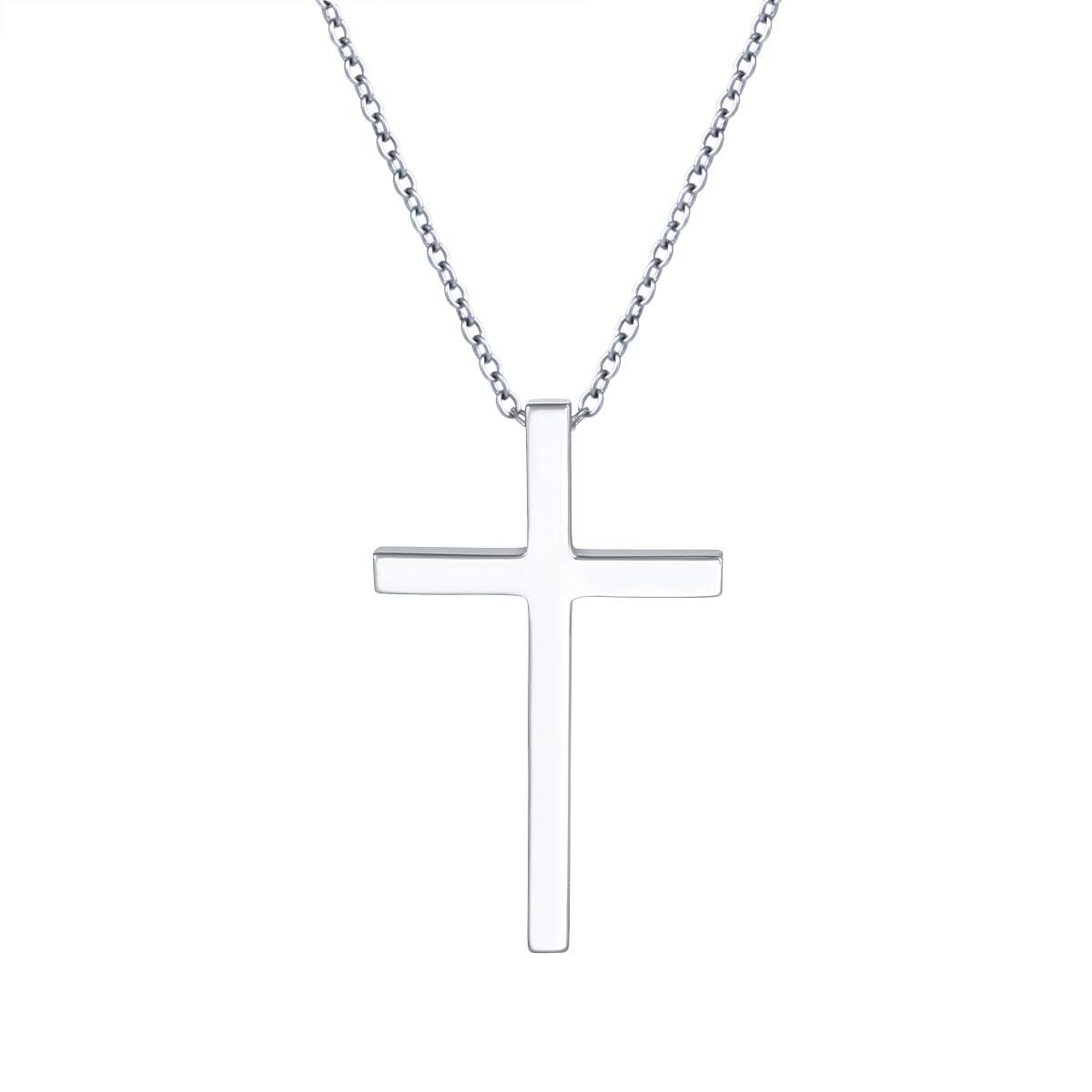 Flyow 925 Sterling Silver Simple Cross Necklace White Gold Plated Religious Classic Cross Pendant Jewellery for Women Men