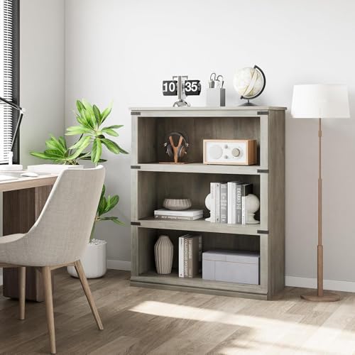 IDEALHOUSE 3-Tier Wooden Bookcase, Farmhouse Storage Book Shelf with Display Sh…