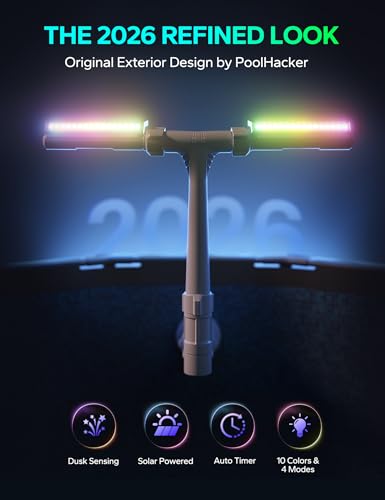 POOLHACKER Solar Pool Fountain with 10-Color LED Lights, Newly Refined Streamlined Design, Auto Dusk Sensor & Timer, Remote Control, Dual-Head Adjustable Spray for Above & Inground Pools
