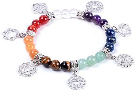 MIKINI Set of 2 Bracelets - 7 Chakra Stones Bracelet with Silver Heart Charm for Women (7 Chakras Bracelet & Yoga Symbol - 1pc)