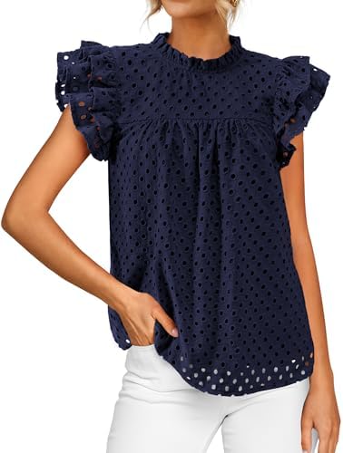 Allegra K Crochet Eyelet Top for Women's Mock Neck Puff Sleeve