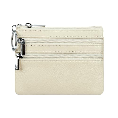Portamonete da donna in vera pelle con portachiavi, Beige, One Size, Sacchetto portamonete