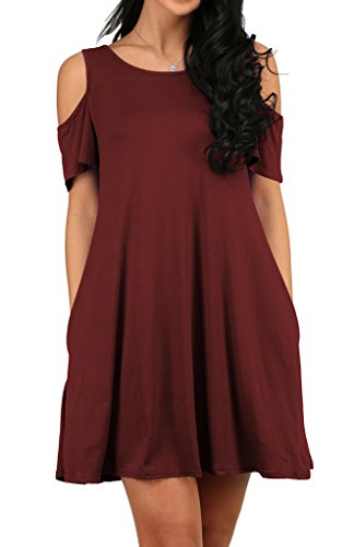 Women's Summer Cold Shoulder Tshirt Dress Swing Tunic Tops Wine Red M