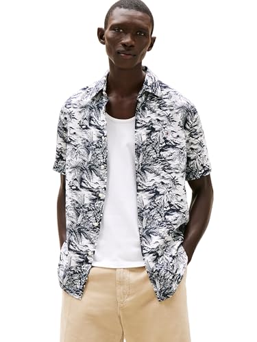 Tommy Hilfiger Men’s Linen Vacation Print Regular Short Sleeve Shirts, Desert Sky Allover Small