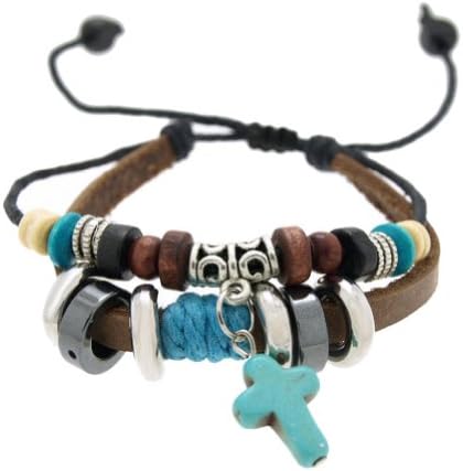 SWEETIE 8 Women Mens Girls Pendant Leather Bracelet Pull String Adjustable 6.5 to 10 Inches (Turquoise Cross)