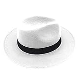 NE Norboe Women's Wide Brim Elegant Luxury Panama Fedora Hat Wool Cap with Strap (White)