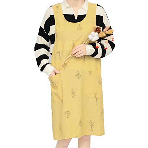 [JACKIE&YORK] エプロン X型 女性用レディース かわいい おしゃれ シンプル カフェ風 クロスバックリネン 大容量ポケット 綿100 フルカバーエプロン 作業用 保育士 ガーデニング 雑貨 花屋 (総柄イエロー)