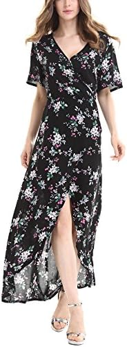 Vessos Casual Maxi Short Sleeve Split Floral Print Long Dress Black Pink2 Large