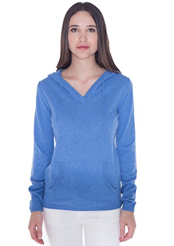 Women's 100% Cashmere V Neck Hoodie Sweater Pullover by cashmere 4 U (Small, Azure)