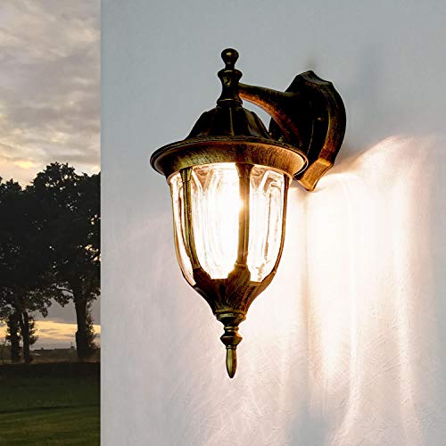Licht-Erlebnisse Außenwandleuchte Aluminium Glas in Gold Antik IP44 Garten Terrasse H:35 cm E27 Laterne hängend Rustikale Außenlampe Wand Hof MILANO