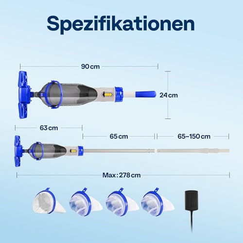 VIVOHOME 4200LPH Pool Vacuum Cleaner Battery with 278 cm Extension Pole Pool Vacuum Cleaner with 4 Filter Bags Portable Pool Cleaner with Operating Time up to 60 Minutes for Swimming Pools Hot Tubs