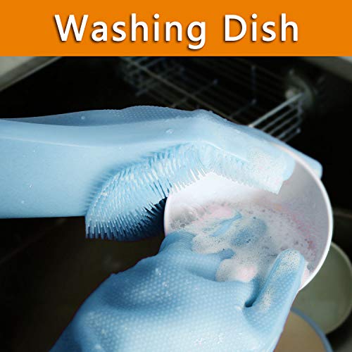 ThxToms Reusable Silicone Dishwashing Gloves, Pair of Rubber Scrubbing Gloves for Dishes, Wash Cleaning Gloves with Sponge Scrubbers for Kitchen, Bathroom and Car (Blue)