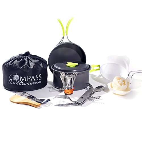 18pcs camping cookware set & stove with 7-in-1 army…