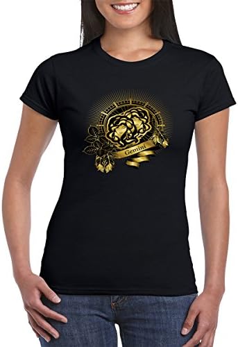 Urbanica Gold Gemini Zodiac Sign Figure Design Softstyle Womens Tshirt (XLarge, Black)