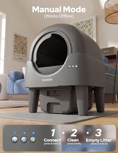 Kveode Automatic Self Cleaning Cat Litter Box, 90L Large Capacity for Cats 2.2-15 lbs, APP Control with Smart Safety Sensors, Quiet Operation, Easy Clean Detachable Globe, Grayish Black
