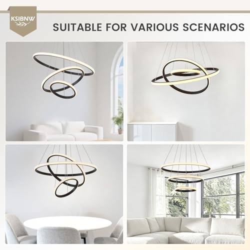 KSIBNW Chandelier LED Chandelier, Modern Chandelier Living Room Dimmable 2700K-6500K Pendant Lamp with Remote Control & APP Control 3 Rings White Hanging Lights Adjustable